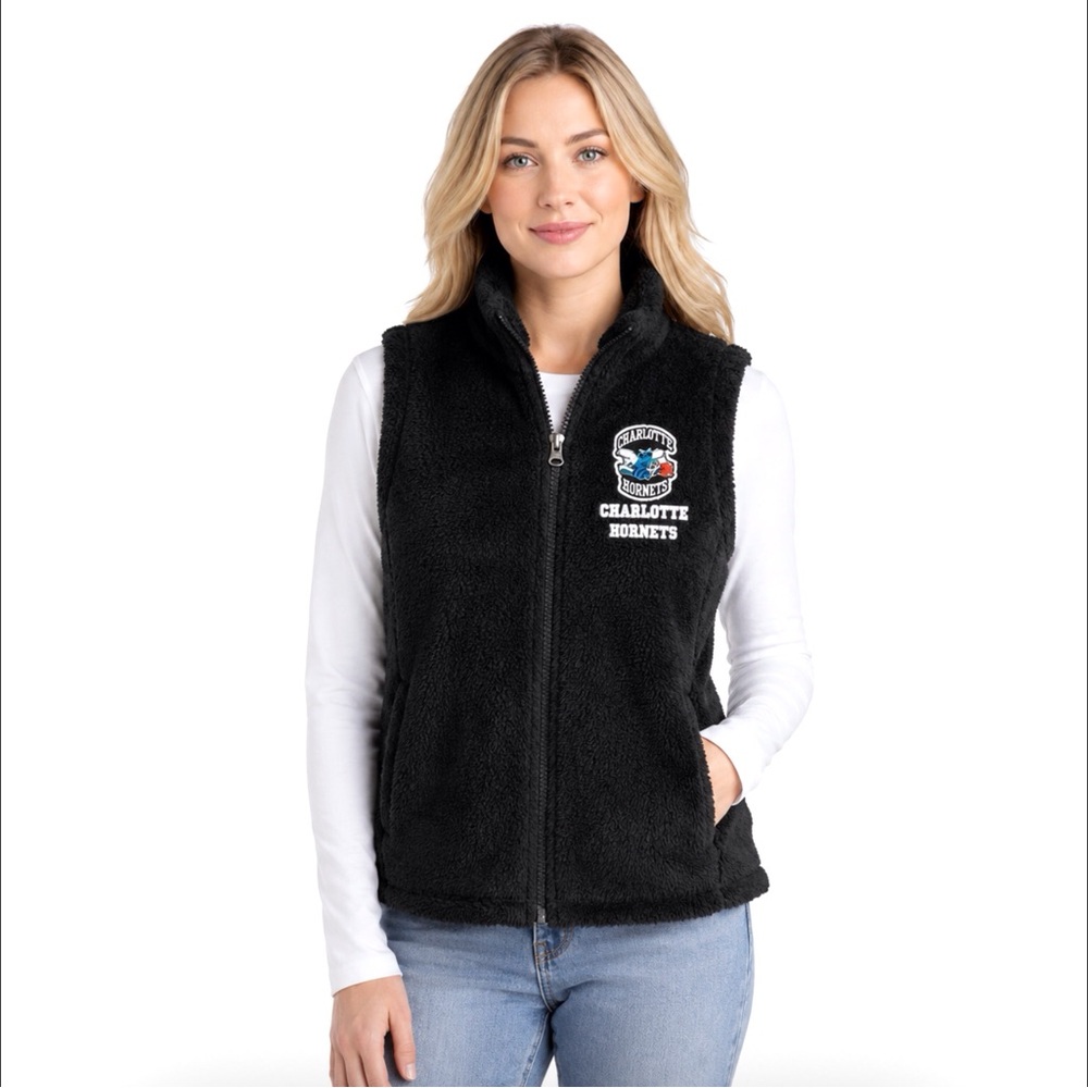 Charlotte Hornets Women Vest Size Medium Black Scuba Zip Front Touch Active